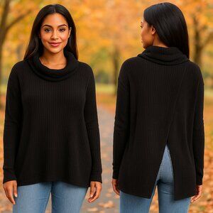 NWT Free People Juicy Black Waffle Knit Open Back Oversized Long Sleeve Top Sz M